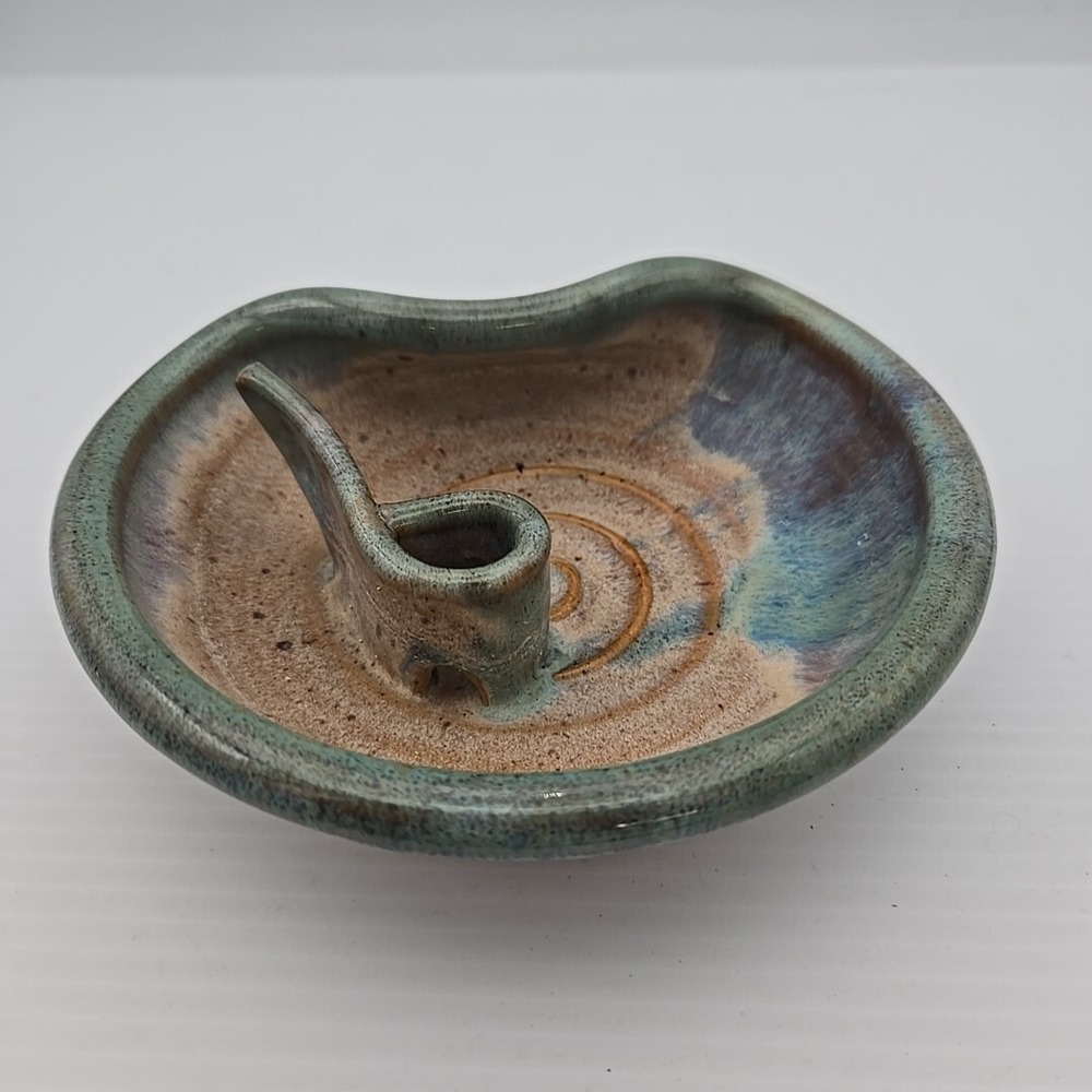 Studio‎ Art Pottery Teal And Brown Glaze Abstract Trinket Candy Dish Signed